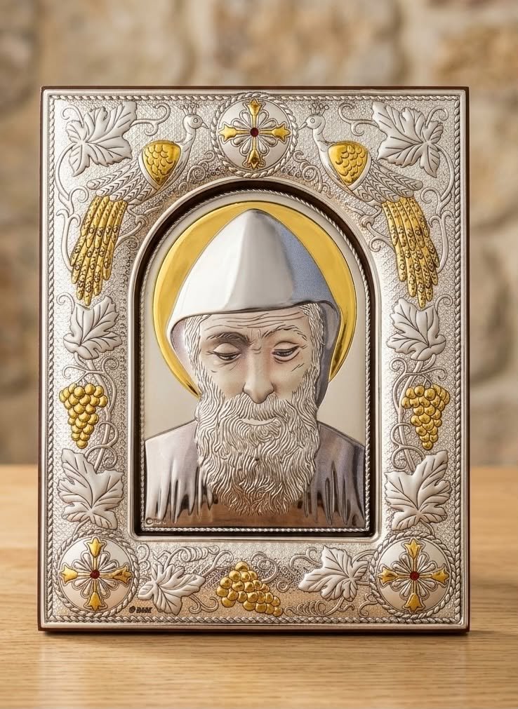 Saint Charbel Silver Icon Plaque